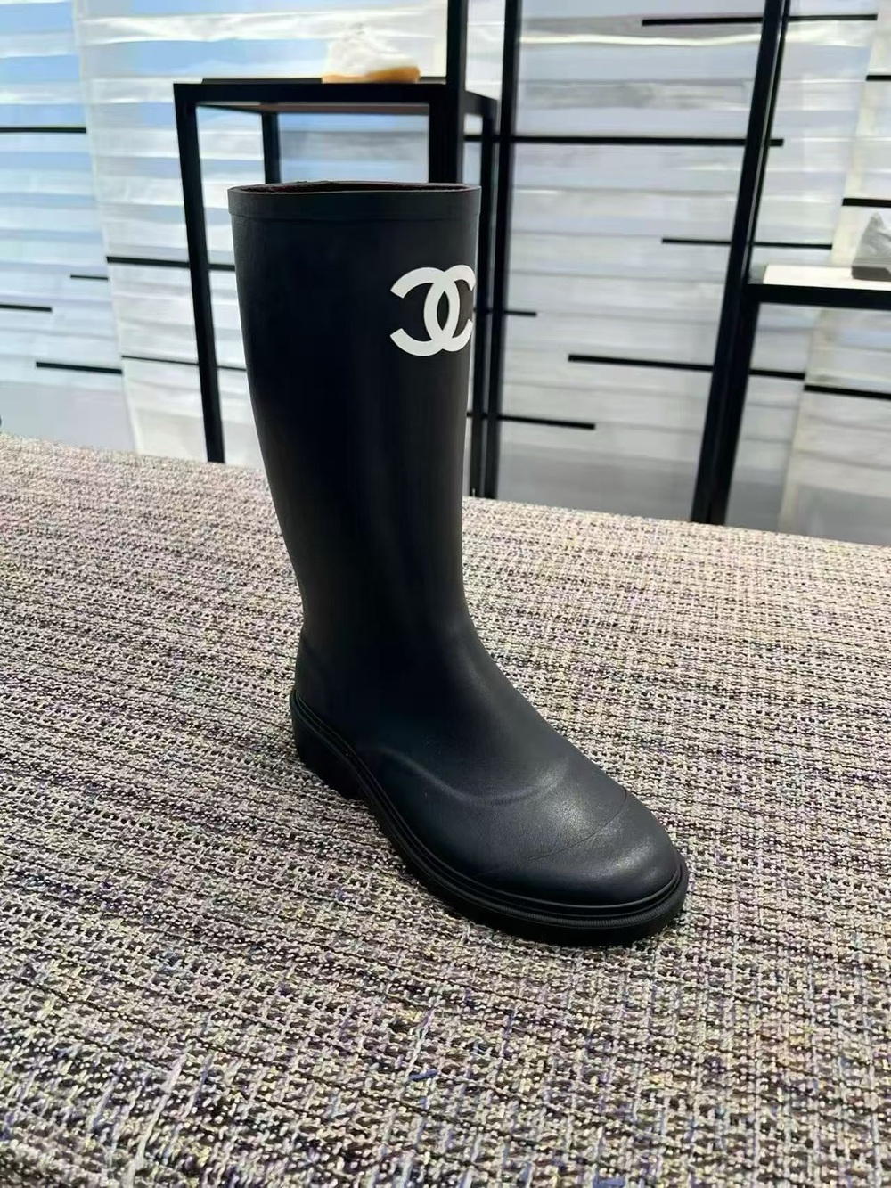 CHANEL Black Mid-Calf Rain Boot with White CC Logo